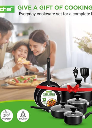 NutriChef 13-Piece Nonstick Cookware - Heat Resistant Kitchen Ware Set w/Saucepan, Frying Pans, Cooking Pots, Casserole, Lids, Ladle, Fork, Strainer - NCCWA13, Black