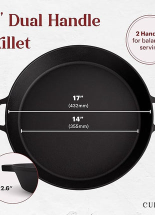 Cuisinel Cast Iron Skillet + Chainmail Scrubber Cleaner - 17"-Inch Dual Handle Braiser Frying Pan + Silicone Handle Covers - Pre-Seasoned Oven, Grill, BBQ, Stovetop, Fire Cookware - Indoor/Outdoor Use