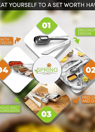 Spring Chef Stainless Steel Measuring Spoons Set of 6 with Leveler, Rectangular Metal Teaspoon & Tablespoon Measuring Spoons for Dry & Liquid Ingredients - Nesting Kitchen Gadgets For Baking & Cooking