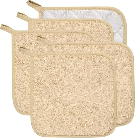 100% Cotton Kitchen Everyday Basic Terry Pot Holder Heat Resistant Coaster Potholder for Cooking and Baking Set of 5 Light Brown