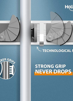 Holikme Mop Broom Holder Wall Mount Metal Pantry Organization and Storage Garden Kitchen Tool Organizer Wall Hanger for Home Goods (4 Positions with 4 Hooks, Silver)