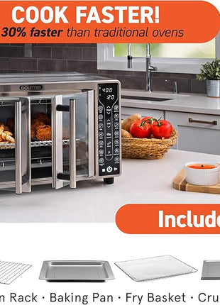 Gourmia Toaster Oven Air Fryer Combo 17 cooking presets 1700W french door digital air fryer oven 24L capacity accessories, convection rack, baking pan tray recipe book GTF7655,Large,Stainless Steel