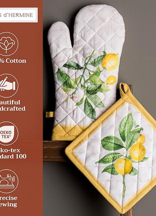 Maison d' Hermine 100% Cotton Oven Mitt & Pot Holder Set (7.5"x13" & 8"x8") Heat Resistant BBQ Cooking Gloves with Loop, Baking, Grilling, Kitchen, Handling Hot Pans Spring/Summer (Limoncello)