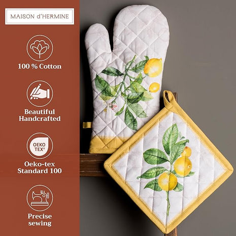Maison d' Hermine 100% Cotton Oven Mitt & Pot Holder Set (7.5"x13" & 8"x8") Heat Resistant BBQ Cooking Gloves with Loop, Baking, Grilling, Kitchen, Handling Hot Pans Spring/Summer (Limoncello)