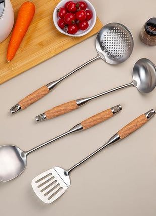 FJNATINH Wok Utensils for Carbon Steel, Stainless Steel Wok Spatula Metal Set, 6-Pieces 13-15 Inch Extra Long, Wok Tools Professional Set, Wooden Handle Skimmer, Soup Ladle, Slotted Turner