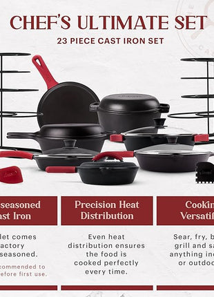 Cuisinel Cast Iron 23-Pc Cookware Set - 8" Skillet + Cast Iron Lid + 12"+Lid + 10" Braiser with Lid + Grill Pan + Lid + Griddle + 5-Qt Dutch Oven + Multi-Cooker + 12"+15" Pan Rack + Scraper + Handles