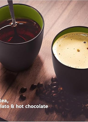 MIAMIO - Set of 6 Stoneware Coffee Mugs 12 Ounce/Cup Set - Le Papillon Collection (Black-Green)