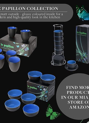 MIAMIO - Set of 6 Stoneware Coffee Mugs 12 Ounce/Cup Set - Le Papillon Collection (Black-Blue)
