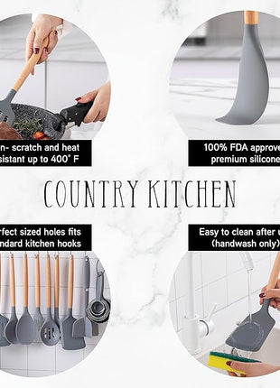 Country Kitchen Non Stick Silicone Utensil Set with Rounded Wood Handles for Cooking and Baking, 38 Piece Set, Gray