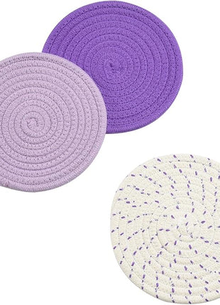 Pot Holders Set Trivets Set 100% Pure Cotton Thread Weave Hot Pot Holders Set (Set of 3) Stylish Coasters, Hot Pads, Hot Mats, Spoon Rest For Cooking and Baking by Diameter 7 Inches (Purple)