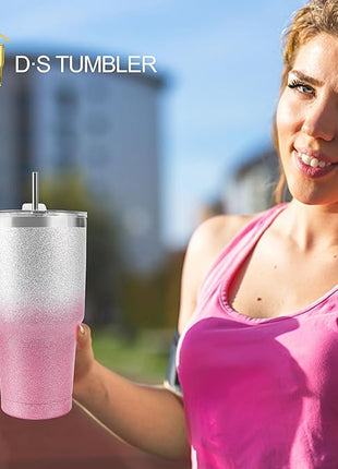 D·S 30 oz Tumbler Pink Glitter Gradient Cup Stainless Steel Double Wall Vacuum Insulated Mug with Straw and Lid, Cleaning Brush for Cold and Hot Beverages