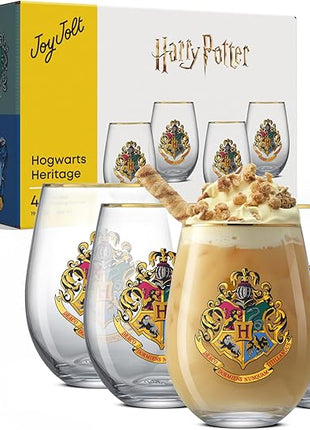 JoyJolt Harry Potter Hogwarts Heritage Stemless Drinking Glasses, 19oz Glass Tumblers, Teardrop Glass Drinking Glasses Set of 4, Hogwarts Cup, Harry Potter Gifts for Adults