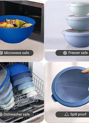 Zulay Kitchen 12 Piece Plastic Mixing Bowls with Leak-Proof Lids Set - Microwave and Freezer Safe Kitchen Mixing Bowls for Preparing, Serving and Storing - Large Nesting Bowls (Blue Ombre)