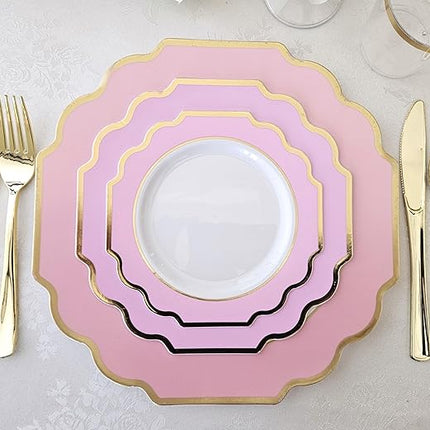 " OCCASIONS " 240 Plates Pack (120 Guests) Heavyweight Wedding Party Disposable Plastic Plates Set -120 x 10.5'' Dinner + 120 x 8'' Salad/Dessert Plate (Imperial in Light Pink & Gold)