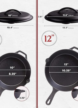 Cast Iron Skillet Set with Lids - 10"+12"-inch Pre-Seasoned Covered Frying Pan Set + Silicone Handle and Lid Holders + Scraper/Cleaner - Use Indoor/Outdoor, Oven, Stovetop, Fire, BBQ Kitchen Cookware