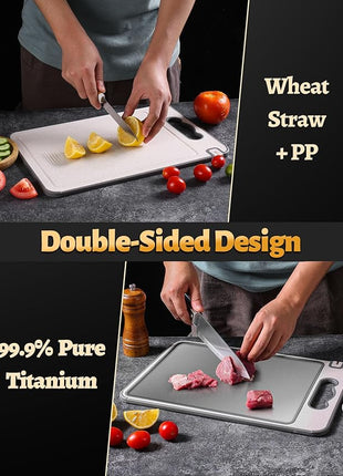 Titanium Cutting Board Double Sided for Kitchen,Knife Sharpener & Garlic Grater Wheat Straw + PP with Juice Groove Large Chopping Board（15×10In） Kitchen Necessities for Home