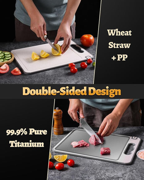Titanium Cutting Board Double Sided for Kitchen,Knife Sharpener & Garlic Grater Wheat Straw + PP with Juice Groove Large Chopping Board（15×10In） Kitchen Necessities for Home