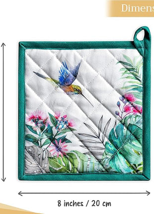 Maison d' Hermine Pot Holders Set 100% Cotton Heat Resistant Potholders 8" x 8" Hot Pads with Loop BBQ, Cooking, Baking, Grilling, Kitchen, Handling Hot Pans Spring/Summer (Pack of 2, Tropiques)