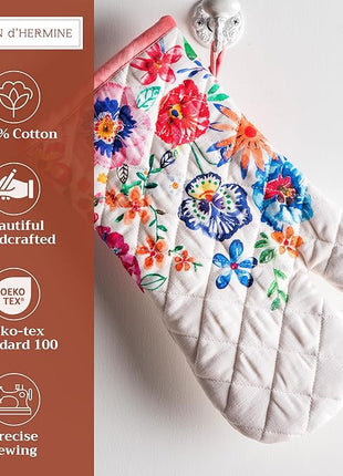 Maison d' Hermine Oven Gloves 100% Cotton Oven Mitt 7" x 13" with Loop Heat Resistant, BBQ, Cooking Gloves, Grilling, Kitchen, Handling Hot Pans Spring/Summer (Pack of 1, Happy Florals - High Summer)
