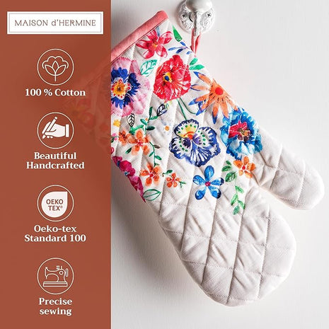 Maison d' Hermine Oven Gloves 100% Cotton Oven Mitt 7" x 13" with Loop Heat Resistant, BBQ, Cooking Gloves, Grilling, Kitchen, Handling Hot Pans Spring/Summer (Pack of 1, Happy Florals - High Summer)
