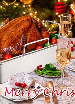 TeamFar Roasting Pan with Rack, 14 Inch Stainless Steel Turkey Roaster Lasagna Pan with V-Shaped Rack & Cooling Rack, Healthy & Sturdy, Brushed Surface & Dishwasher Safe, Rectangular - Set of 3