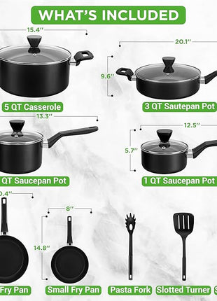 NutriChef 13-Piece Nonstick Cookware - Heat Resistant Kitchen Ware Set w/Saucepan, Frying Pans, Cooking Pots, Casserole, Lids, Ladle, Fork, Strainer - NCCWA13, Black