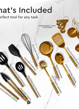 Black and Gold Kitchen Utensils Set - 19-PC Set Includes Stainless Steel and Silicone Cooking Utensils, Measuring Cups and Spoons - Black and Gold Kitchen Accessories for Stylish Cooking & Serving