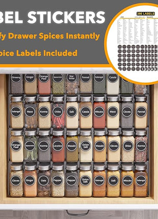 SpaceAid Spice Drawer Organizer with 40 Spice Jars, 386 Spice Labels, 4 Tier Seasoning Rack Tray Insert for Kitchen Drawers, 18.5" Wide x 17.5" Deep