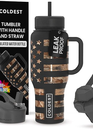 Coldest Tumbler with Handle and Straw, 100% Leak Proof Insulated Tumbler with Lid and Straw (3 Lids), Stainless Steel Tumblers for Women & Men, Cup Holder Friendly, 36 oz (Camouflage Flag)