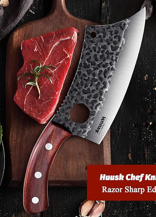 Huusk Meat Cleaver Knife, Hand Forged Butcher Knife for Meat Cutting, Full Tang Viking Knives with Sheath, Japanese Chef Knives for Outdoor Cooking, Camping, BBQ, Christmas Gift for Man and Women