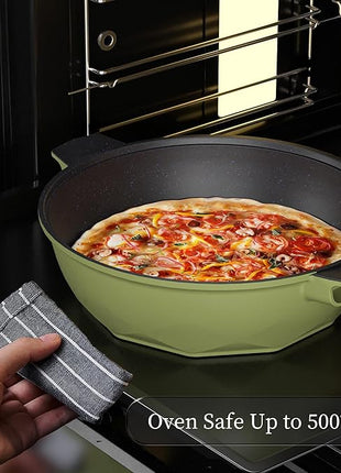 TIBORANG 8 in 1 Multipurpose 11 Inch 5 Quart Heat Indicator Nonstick Deep Frying Pan with Glass Lid,Steamed Grid,PFOA-Free,Dishwasher&Oven Safe,Works with All Stovetops (Olivedrab)