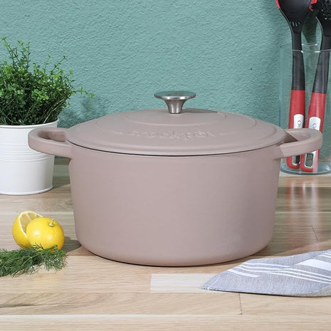 Crock Pot Artisan 7-Quart European Enameled Round Cast Iron Dutch Oven Pot With Lid - Matte Dusty Pink
