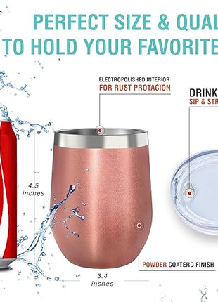 CHILLOUT LIFE 12 oz Stainless Steel Wine Tumblers 2 Pack - Double Wall Vacuum Insulated Wine Glasses Cups with Lids and Straws Set Keeping Cold & Hot for Coffee, Beer, Ice Cream - Rose Gold