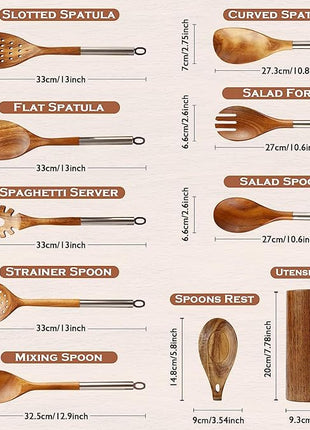 Wooden Spoons for Cooking with Utensils Holder, 10-Pieces Wooden Utensil Set Non-Stick, Natural Teak Cookware Wooden Cooking Spurtle Set, with Stainless Steel Handle