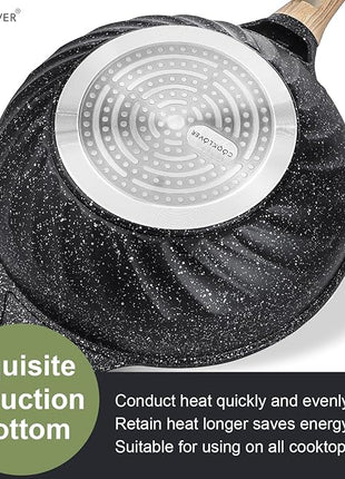 COOKLOVER Nonstick Woks And Stir Fry Pans Die-cast Aluminum Scratch Resistant 100% PFOA Free Induction Wok pan with Lid 12.6 Inch - Black