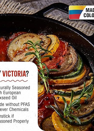 Victoria Cast Iron Round Skillet with Double Loop Handles, Made in Colombia, 10 Inches