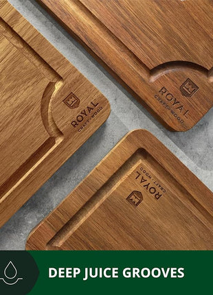 ROYAL CRAFT WOOD Acacia Wood Cutting Boards Set of 3 – Premium Wooden Cutting Boards for Kitchen Meal Prep & Serving - Charcuterie & Chopping Butcher Block for Meat with Deep Juice Groove Side Handles