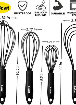 Anaeat Silicone Kitchen Whisk Set of 4, Perfect for Non-Stick Cookware, Egg Beater Milk Blender for Whisking, Cooking, Baking, Beating - 11'' Flat Whisk and 8.5''+10.5''+12'' Balloon Whisks (Black)