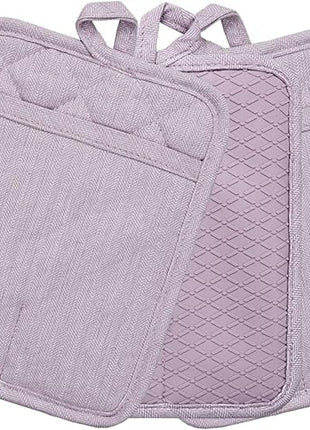 Pot Holders Yarn-Dyed Set of 3 Non Slip Silicone Kitchen Lines Heat Resistant 500℉ Kitchen Gloves BBQ Cooking Baking Cooking Barbecue Microwave Machine Washable (Purple Pot Holders)