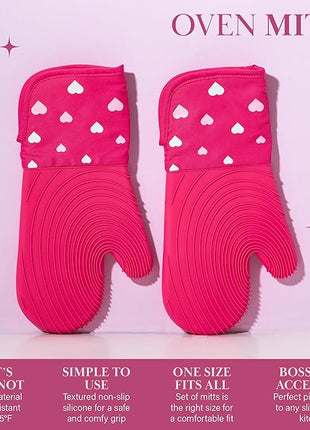 Paris Hilton Oven Mitt Set with Heart Design, Heat Resistant Pot Holders Featuring Non-Slip Textured Silicone Grips, 2-Piece Set, Pink