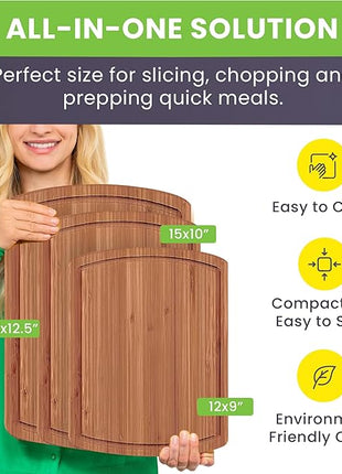 Organic Bamboo Cutting Boards for Kitchen Set of 3 with Lifetime Replacements- Non Toxic Wood Chopping Board for Charcuterie, Meat, Vegetables and Fruits - Ideal Kitchen Gifts for Home Chefs