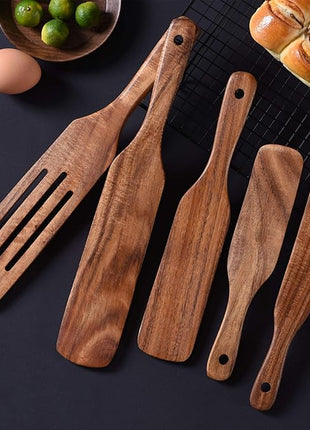 Spurtle Set,Wooden Spurtle Set of 5,Wooden Spoons for Cooking, Natural Teak Wooden Spatula for Cooking, Stirring, Mixing, Serving,Spurtles Kitchen Tools As Seen On Tv, Sourdough Starter Spatula