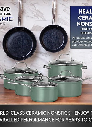 Nuwave Healthy Duralon Blue Ceramic Nonstick Cookware Set, Diamond Infused Scratch-Resistant, PFAS Free, Dishwasher & Oven Safe, Induction Ready & Evenly Heats, Tempered Glass Lids & Stay-Cool Handles