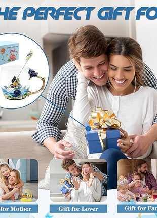 Enamels Butterfly Flower Tea Cup,Glass Coffee Mug,Valentines Mothers Day Graduation Birthday Present Christmas Gifts for Women Mom Her Teacher