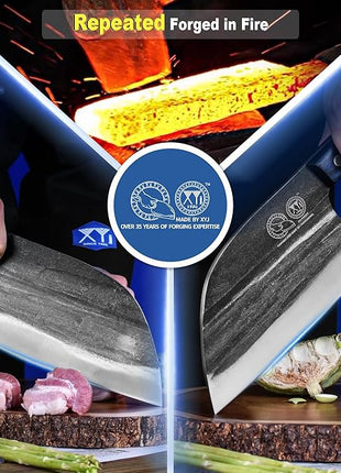 XYJ Authentic Since 1986,Ancient Forged Butcher Knives,Serbian Chef Knife With Sheath,Tiny Knife,Chinese Vegetable Meat Cleaver For Kitchen Camping Outdoor,Full Tang,High Carbon Steel (8 inch)