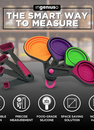 Collapsible Measuring Cups and Nesting Spoons - Adjustable Silicone for Cooking, used for Liquid and Dry Kitchen Items - Portable Portion Control, Dog Food, Kids, Travel, Camper, Space-Saving - 1 Set