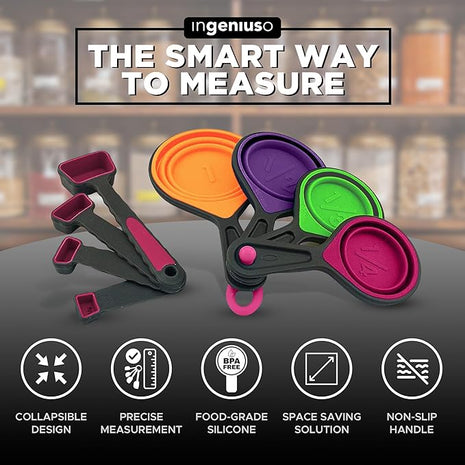 Collapsible Measuring Cups and Nesting Spoons - Adjustable Silicone for Cooking, used for Liquid and Dry Kitchen Items - Portable Portion Control, Dog Food, Kids, Travel, Camper, Space-Saving - 1 Set