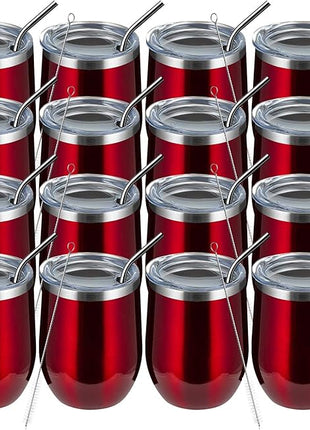 MEWAY 12oz Wine Tumbler 16 Pack Bulk Gifts for Women,Double Wall Vacuum Stainless Steel Travel Mug with Lid,Insulated Stemless Wine Cup Glass for Coffee,Cocktails,Drinks(Burgundy,Set of 16)