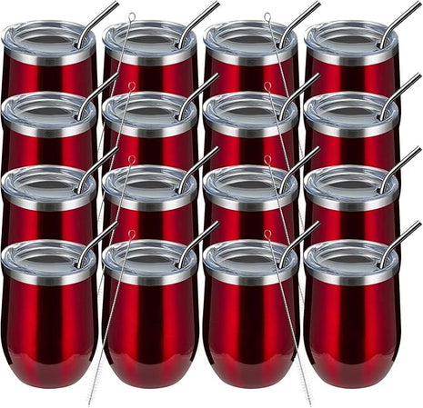 MEWAY 12oz Wine Tumbler 16 Pack Bulk Gifts for Women,Double Wall Vacuum Stainless Steel Travel Mug with Lid,Insulated Stemless Wine Cup Glass for Coffee,Cocktails,Drinks(Burgundy,Set of 16)