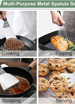 Beijiyi Stainless Steel Spatula Set, 4 Pack Small Metal Turner Spatulas for Kitchen Use, Cooking Utensils with Silicone Handle, Flipper Spatula for Fish, Egg, Smash Burger and Cookie Serving